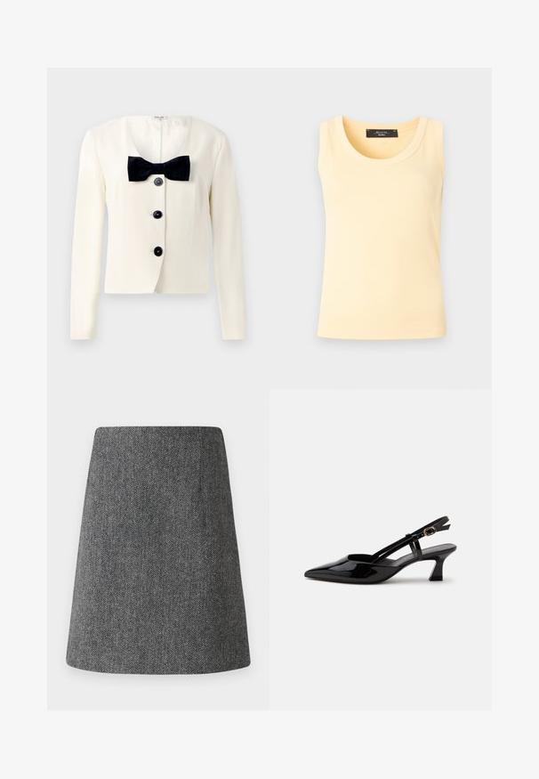 Crème blazer met een diepe V-hals, voorzien van een gestructureerde zwarte strik en vier zwarte knopen aan de voorkant. Lange mouwen en een getailleerde pasvorm.; Mouwloze geribbelde gebreide tanktop in lichtgeel met ronde halslijn en zwart merklabel binnenin de kraag.; Grijze visgraatrok met een uitlopende A-lijn vorm, gemaakt van textiel met structuur. Kenmerkt zich door een nette tailleband en geen zichtbare hardware of accenten.; Zwarte lakleren slingback kitten heel schoen met spitse neus en verstelbare gouden gespsluiting op een witte achtergrond.