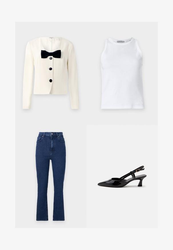 Cremfarbener Blazer mit tiefem V-Ausschnitt, versehen mit einer strukturierten schwarzen Fliege und vier schwarzen Knöpfen auf der Vorderseite. Mit langen Ärmeln und taillierter Passform.; Weißer, gerippter Tanktop mit rundem Ausschnitt, ärmellosem Design und kleinem Logo auf der Vorderseite. Glatte Textur und figurbetonter Schnitt.; Dunkelblaue, hoch geschnittene Jeans aus Denimstoff mit geradem Bein, die vordere Taschen und einen Metallknopfverschluss aufweisen.; Schwarzer Slingback-Pumps aus Lackleder mit spitzer Spitze und verstellbarem goldfarbenem Riemen auf weißem Hintergrund.