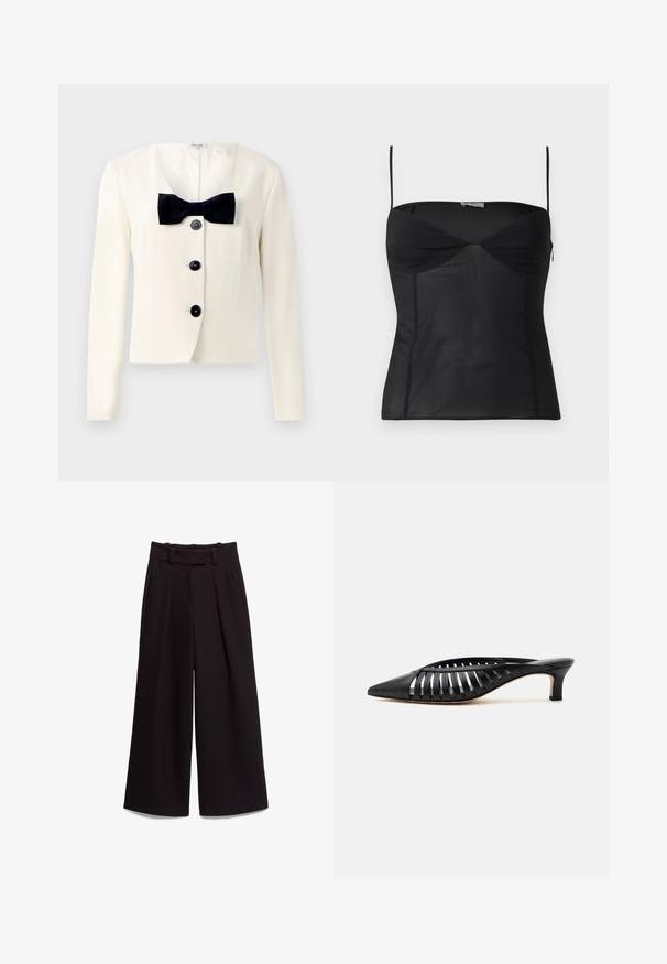 Blazer crème à encolure en V profonde, avec un nœud papillon noir texturé et quatre boutons noirs sur le devant. Manches longues et coupe ajustée.; Haut noir ajusté sans manches avec fines bretelles, encolure en cœur et détails de coutures sur un fond blanc uni.; Pantalon noir à jambes larges avec taille haute, passants pour ceinture, poches latérales et plis à l'avant, présenté à plat sur fond blanc.; Mule en cuir noir avec bout pointu, design découpé à brides et petit talon kitten sur fond blanc.