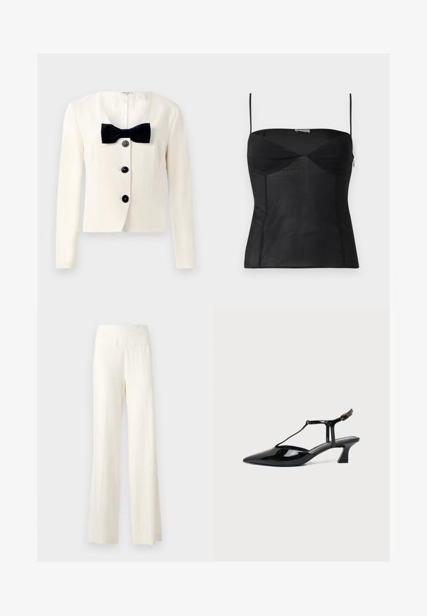 Blazer crème à encolure en V profonde, avec un nœud papillon noir texturé et quatre boutons noirs sur le devant. Manches longues et coupe ajustée.; Haut noir ajusté sans manches avec fines bretelles, encolure en cœur et détails de coutures sur un fond blanc uni.; Pantalons larges en ivoire avec un tissu texturé, présentant de subtils rayures verticales et deux poches arrière.; Chaussure slingback en cuir verni noir à bout pointu avec bride en T et petit talon bloc incliné sur fond blanc.