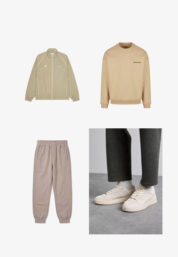 Beige jas met een hoge kraag, ritssluiting aan de voorkant en witte sierstiksels. Voorzien van een geborduurd logo op de linkerborst en elastische manchetten.; Beige sweatshirt van katoen, met een ronde halslijn, ribgebreide manchetten en zoom. Tekst "ANOTHER COTTON" in het zwart op de voorkant.; Beige joggerbroek met elastische tailleband en boorden, zijzakken en klein "PECADOR" logo op de rechterdij.; Beige sneakers van suede en mesh, met geperforeerde accenten, platte veters en een dikke zool. Dragen met groene corduroy broek.