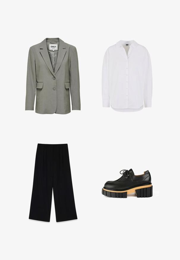 Grå blazer med en glat, tekstureret overflade. Notchede revers, to-knaps lukning og kla flaplommer. Foret inderside for ekstra komfort.; Langærmet hvid skjorte lavet af bomuld med knaplukning fortil, klassisk krave og afrundet kant, der har en afslappet pasform og ingen mønstre.; Sorte vide bukser lavet af glat stof, der har læg foran, en mellemhøj talje og ingen synlige lukninger eller pynt.; Sort læder sko med rund tå, snørebåndsdesign, kraftig træplatform og tykk sort gummisål med lodrette riller.