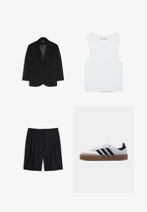 Schwarzer, maßgeschneiderter Blazer mit zwei vorderen Klappentaschen, zwei Knöpfen, Reverskragen und glattem Satininnenfutter.; Weißes ärmelloses Crop-Top mit rundem Ausschnitt, aus glattem Stoff, mit dem Label Pull&Bear, geeignet für den Alltag.; Schwarze Shorts aus leichtem Stoff, mit hoher Taille, vorderen Falten und seitlichen Taschen. Glatte Textur mit elastischem Bund.; Weiße Leder Sneakers mit schwarzen Streifen, Gummigummi-Außensohle, runder Zehenform, Schnürverschluss und weichem grauem Wildleder-Zehenkappe.