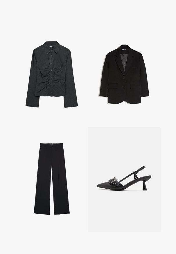 Blazer noir ajusté avec deux poches à rabat à l'avant, deux boutons, col à revers cranté et doublure intérieure en satin lisse.; Chemise noire à manches longues avec des rayures blanches verticales, dotée d'un col, d'une fermeture à boutons et de détails en tissu froncé à l'avant.; Pantalon noir à jambes larges avec passants de ceinture, bouton frontal et fermeture éclair, étalé à plat sur un fond blanc.; Simmi London DALA - Escarpins - black