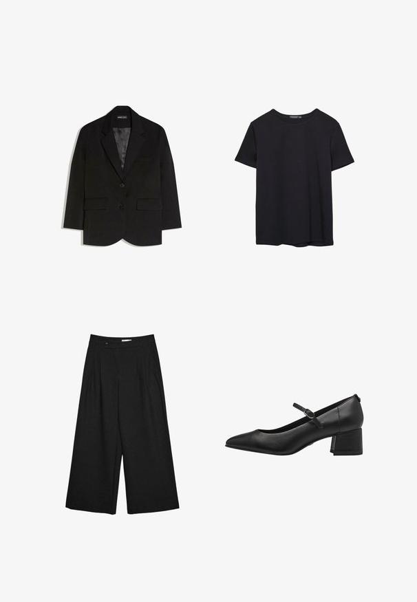 Sort skræddersyet blazer med to forlommer med klapper, to knapper, revers med hak og glat satinfor.; Simpel sort kortærmet bomulds T-shirt med rund hals, præsenteret på en hvid baggrund.; Sorte, vidde-benet, korte bukser med frontplisseringer, bæltestropper og knaplukning i taljen.; Sorte læder lavhælede pumps med spidse tæer, ankelrem og struktureret finish. Simpelt design med en robust blokhæl.