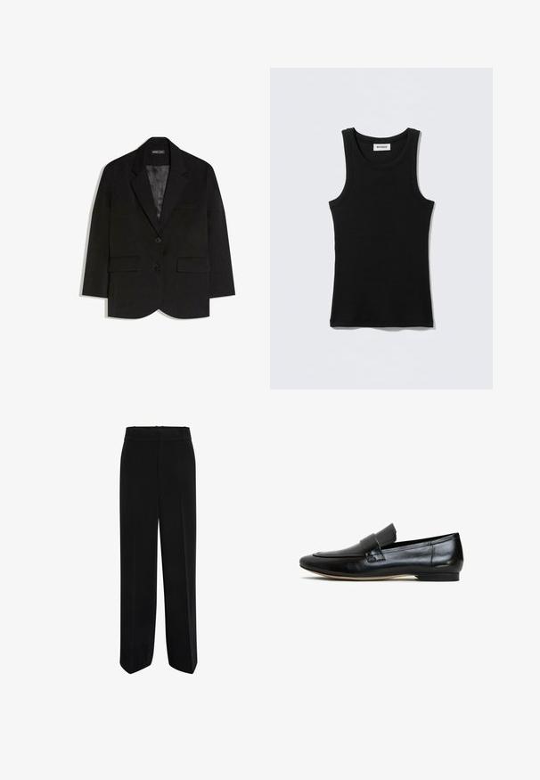 Blazer noir ajusté avec deux poches à rabat à l'avant, deux boutons, col à revers cranté et doublure intérieure en satin lisse.; Débardeur noir en coton, avec un col rond et des bretelles étroites. Design simple, sans motifs ni accents visibles.; Pantalons larges noirs en tissu lisse, avec une taille haute et un design à l'avant plat, sans poches ni embellissements.; Mocassins en cuir noir avec une finition lisse, un bout arrondi et une sangle décorative sur le dessus. Semelle légère avec un léger talon.