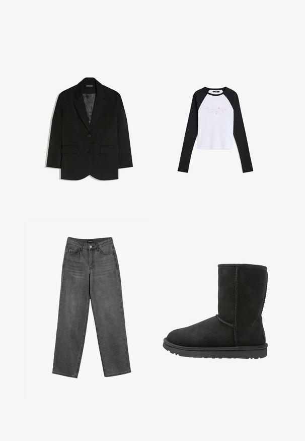 Sort skræddersyet blazer med to forlommer med klapper, to knapper, revers med hak og glat satinfor.; Langærmet raglan T-shirt med hvid krop og sorte ærmer. Har et pink grafisk motiv foran. Lavet af blødt bomuldsstof.; Sorte højtaljede lige jeans med frontknap og lommer, præsenteret på en hvid baggrund.; Sorte suede ankelstøvler med rund tå, stikninger og flad gummisål. Har et enkelt design uden udsmykninger.