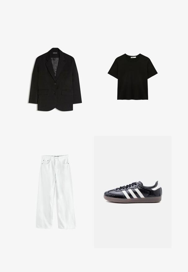Zwarte op maat gemaakte blazer met twee klepzakken aan de voorkant, twee knopen, een reverskraag met inkeping en een gladde satijnen binnenvoering.; Zwart T-shirt met korte mouwen en ronde hals met rechte zoom, getoond op een witte achtergrond.; Witte denim broek met brede pijpen, een hoge taille, twee voorzakken en subtiele goudkleurige accenten. Soepele textuur, casual ontwerp.; Zwarte sneaker met een laag profiel, met een gestructureerd slangenhuidpatroon, witte strepen aan de zijkant, zwarte veters en een doorschijnende bruine zool.