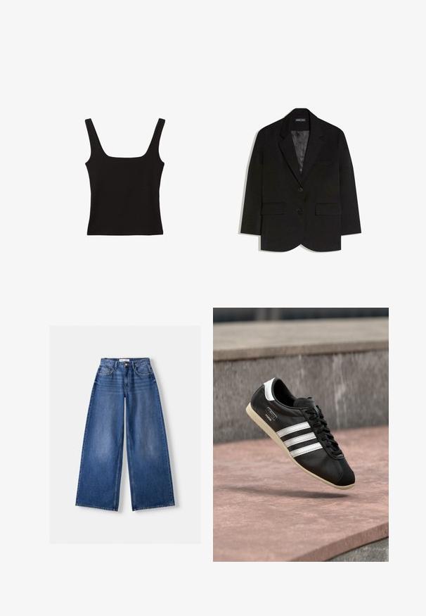Sort skræddersyet blazer med to forlommer med klapper, to knapper, revers med hak og glat satinfor.; Sort tanktop med firkantet udskæring, lavet af glat bomuldsstof, med brede stropper og en tætsiddende silhuet.; Bredbenet blå denimjeans med forlommer, bæltestropper og knaplukning, lagt fladt på en lys baggrund.; Sort lædersneaker med hvide striber og sål, snøret, svævende over en rosa betonoverflade med en grå stenvæg i baggrunden.