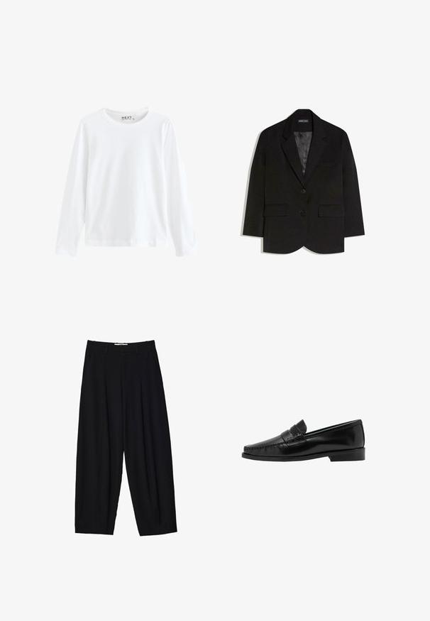 Schwarzer, maßgeschneiderter Blazer mit zwei vorderen Klappentaschen, zwei Knöpfen, Reverskragen und glattem Satininnenfutter.; Langärmliges weißes T-Shirt aus Baumwolle, mit Rundhalsausschnitt und schlichtem Design, gleichmäßiger Textur und ohne sichtbare Muster oder Akzente.; Schwarze weit geschnittene Hose aus leichtem Stoff, mit vorderen Falten, klassischem Bund und seitlichen Taschen. Angenehme Struktur.; Schwarze Lederloafer mit einem abgesteppten Zehen-Design und einem niedrigen Absatz. Der Schaft ist mit einem dekorativen Riemen versehen. Glatte, glänzende Oberflächenstruktur.