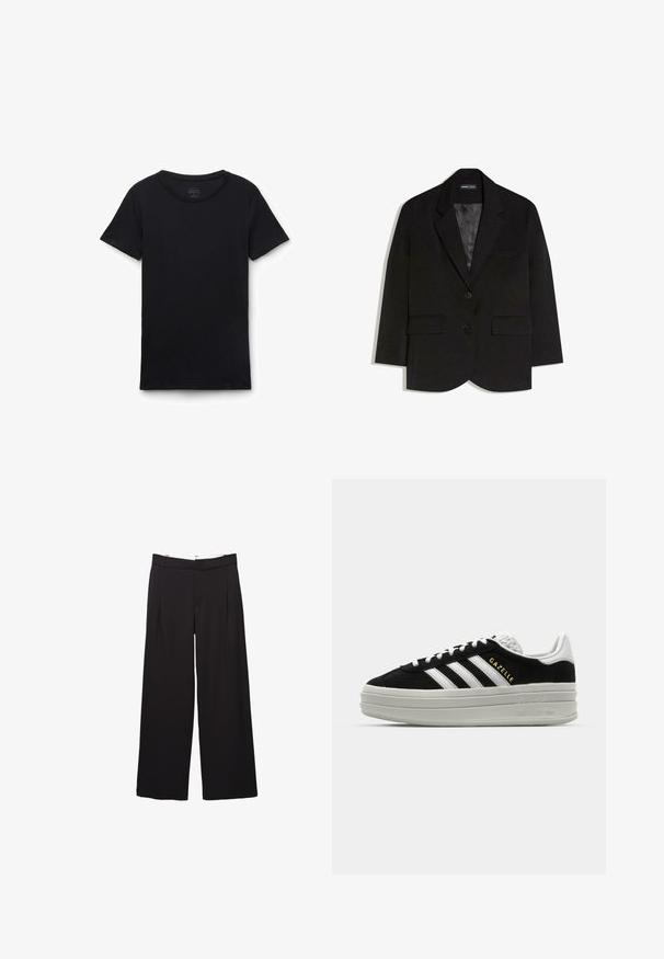 Sort skræddersyet blazer med to forlommer med klapper, to knapper, revers med hak og glat satinfor.; Sort t-shirt med korte ærmer og rund hals lagt fladt på hvid baggrund, der viser forfra og glat stoftekstur.; Sorte bukser med vide ben, fordele foran og bæltestropper, skræddersyet pasform, talje i mellemhøjde og skjult lukning foran.; Sort ruskind sneaker med hvide læderdetaljer, tre hvide striber, flade snørebånd og en tyk grå platformsål. Guldfarvet "Gazelle" branding.