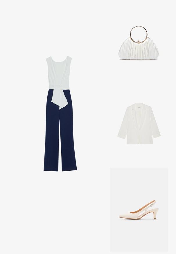 Witte blazer met een sjawlklep, lange mouwen, twee voorkwesten en een sluiting met één knoop, met een gladde stoftextuur.; Navyblauwe jumpsuit met een aansluitend wit lijfje, wijde broekspijpen en een tailleband. Glad materiaal met een strakke silhoutte en minimalistisch ontwerp.; Witte slingback hak met een spitse neus, glad bovenmateriaal, lage blokhak en een design met uitsparingen aan de zijkant, voorzien van een verstelbare gespsluiting.; Witte geplooide handtas met een ronde gouden handgreep, gemaakt van zacht materiaal en een afgeronde vorm. Elegante uitstraling met een gestructureerde afwerking.