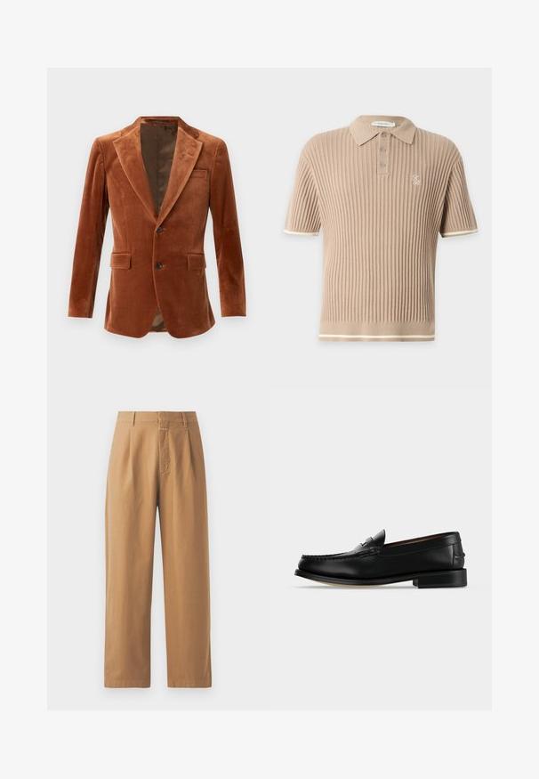 Brun fløjl blazer med spidse lapeller, to forlommer og enkelt knaplukning. Glat tekstur med en subtil glans.; Beige kortærmet ribstrikket poloshirt med tre knapper, lille broderet logo på brystet og hvid kant på ærmer og kant.; Brune, brede bukser lavet af glat stof. Har høj talje med folder, bæltestropper og en enkelt frontlomme.; Sort læder herre loafer med lav hæl og mokkasinsyning på tåen, vist fra siden på en ensfarvet baggrund.