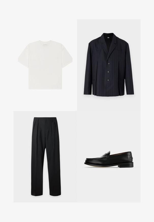 Dark navy blazer with vertical pinstripes, single-breasted design, structured shoulders, five buttons, and a notched collar.; White cotton T-shirt with a crew neck, short sleeves, and a loose fit. Smooth texture with no noticeable patterns or hardware.; Black high-waist tailored trousers with belt loops, front pleats, a button closure, and straight wide legs on a light background.; Black leather men's loafer with a low heel and moccasin-style stitching on the toe, shown from the side on a plain background.