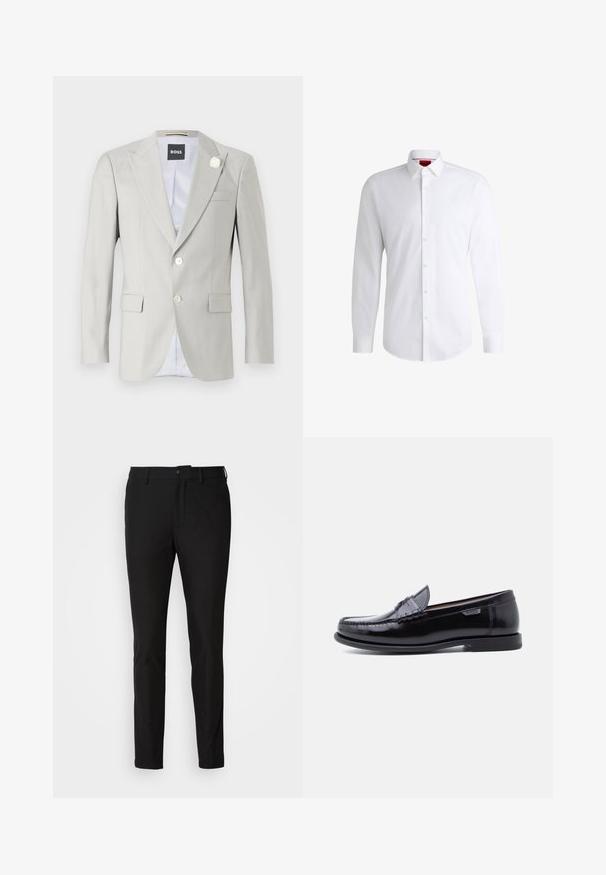 Lysegrå blazer med spidse klapper, to knaplukninger, sidelommer og dekorativ hvid blomst accent på klappen. Fôret indre.; Hvid skjorte med knapper lavet af glat stof med klassisk krave, lange ærmer og rundet kant. Har beige knapper foran.; Sorte bukser med slim fit, der har en knaplukning, lynlås og to forlommer. Glat stof med mat overflade.; Sorte læderloafer med en blank finish, der har et syet mønster på tåen og en lav, tekstureret sort gummisål.