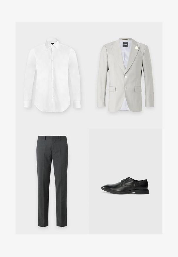 Lysegrå blazer med spidse klapper, to knaplukninger, sidelommer og dekorativ hvid blomst accent på klappen. Fôret indre.; Hvid langærmet skjorte med knapper og spidst krave, lagt fladt på en lysegrå baggrund.; Mørkegrå skræddersyede bukser lavet af et glat tekstil. Har lige ben, flad front og bæltestropper. Ingen synlige mønstre eller accenter.; Sort læder herresko med glat overflade, spids tå, seks snørrehuller og lav, rektangulær hæl. Diskret brandingdetalje på siden.