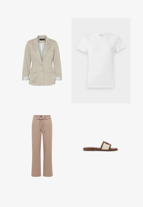 Vero Moda Blazer - oatmeal; Hvid bomulds t-shirt med rund hals og korte ærmer, præsenteret i et afslappet fit og minimalistisk design. Etiketten er synlig ved halsen.; Beige lige bukser med snoreliv og bæltestropper, designet til afslappet eller hjemmebrug.; Brune læderslidesandal med en beige vævet overdel, flad sål og rund tå. Designet inkluderer en logoakcent på remmen.