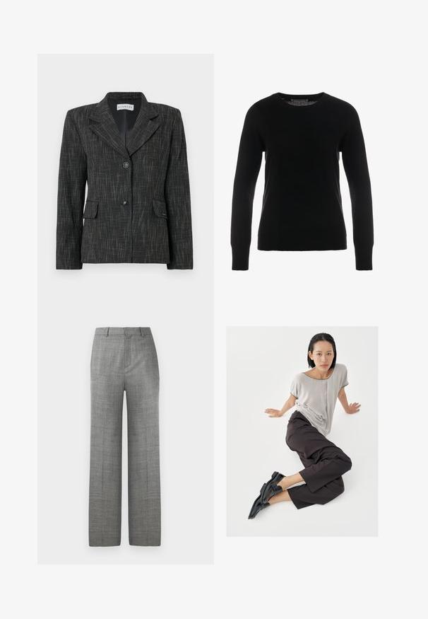 Blazer negro con un patrón texturizado, diseño de un solo botón, solapas con muescas, dos bolsillos frontales y dos botones para el cierre.; pure cashmere CLASSIC CREW NECK - Jersey de punto - black; Pantalones de pierna ancha grises a medida con trabillas y pliegue frontal sobre un fondo blanco, adecuados para vestir formal o en la oficina.; Top de manga corta gris claro, pantalones anchos oscuros y mocasines negros. Tela suave, ajuste relajado y ribete en contraste en la camisa.