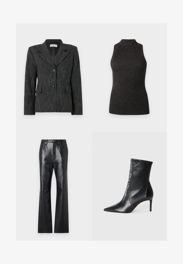 Zwarte blazer met een gestructureerd patroon, enkelvoudige sluiting, reverskraag, twee voorzakken en twee knopen voor sluiting.; CLOSED SLEEVELESS - Top - black; Zwarte leren broek met een gladde textuur, uitlopende pijpen, een ritssluiting aan de voorkant en riemlussen. Bevat subtiele stiksels.; Zwarte enkelboots van soepel leer, met een spitse neus, een aangesloten schacht en een slanke hoge hak. Minimalistisch ontwerp zonder zichtbare hardware.