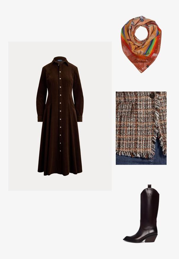 Nahaufnahme von strukturiertem braunem, schwarzem und weißem Tweedstoff mit Fransen und einem dunklen Knopf auf blauen Denim-Jeans.; Dunkelbraunes Midi-Kleid mit langen Ärmeln, Knopfleiste, Kragen und tailliertem Schnitt, auf hellem einfarbigem Hintergrund präsentiert.; Braune Leder-Cowboy-Stiefel mit spitzem Zehenbereich, hohem Schaft und schrägem Holzabsatz. Verfügt über eine Schlaufe für ein einfaches Anziehen.; Quadratisches Tuch mit orangefarbenem Hintergrund, einer großen Sonnenillustration und einem Regenbogenstreifen entlang einer Kante, zu einer kreisförmigen Form gefaltet.