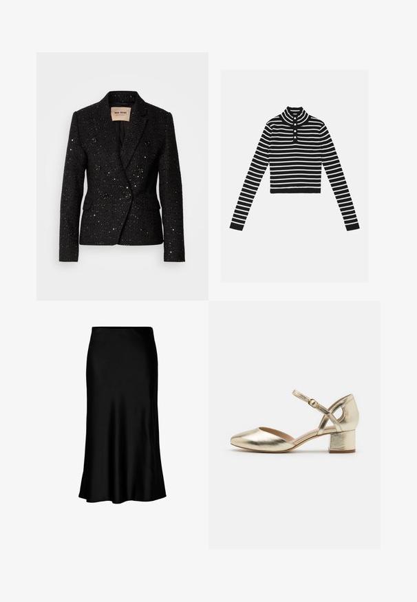 Zwarte dubbelgeknoopte blazer met een textuurstof en subtiele pailletten. Voorzien van twee voorkzakken en zwarte knoopaccenten. Voering aan de binnenkant.; Zwart-wit gestreepte cropped trui met hoge kraag en een sluiting met drie knopen. Voorzien van lange mouwen en een geribbelde textuur.; Zwarte satijnen midi-rok met een gladde textuur, een uitlopende zoom en een nauwsluitende tailleband, met een eenvoudig, klassiek ontwerp.; Gouden metallic hakken met een ronde neus, enkelband en blokk Hak. Gladde textuur met een glanzende afwerking en een kruisbandontwerp.