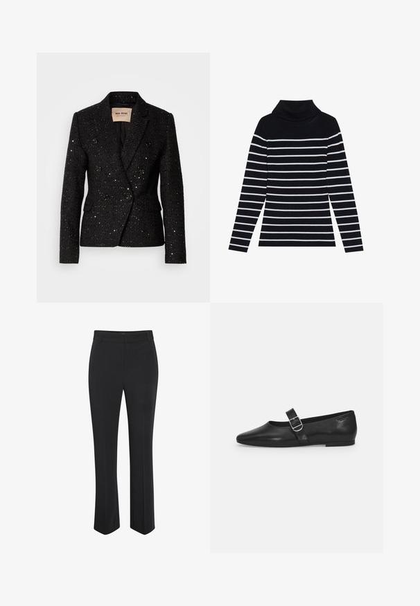 Sort dobbeltbrystet blazer i tekstureret stof med subtile pailletter. Har to forlommer og sorte knapdetaljer. Foret inderside.; Sort og hvid stribet langærmet turtleneck sweater med ribbet tekstur, der har en foldet krave og tætsiddende silhuet.; Sorte, skræddersyede bukser med lige ben. Fremstillet af glat stof, med en taljeret linning i taljen og en diskret presning foran.; Sorte læder flade sko med rund tå, et enkelt justerbart spænde og en glat, blank overflade. Minimalistisk design med en lav hæl.