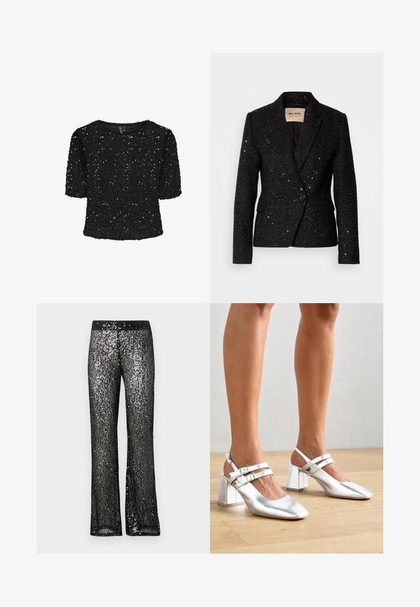 Blazer noir à double boutonnage avec un tissu texturé et des sequins subtils. Dispose de deux poches avant et de boutons noirs. Intérieur doublé.; Haut noir à manches courtes recouvert de sequins, avec un col rond et une texture douce. Mis en valeur par des reflets scintillants et une coupe décontractée.; Pantalon noir à sequins avec une coupe évasée. Ils comportent une ceinture noire extensible et une texture brillante et réfléchissante sur toute la surface.; Chaussures à talons blocs métalliques argentés avec un bout pointu, deux brides à la cheville avec boucles et une texture de surface lisse.