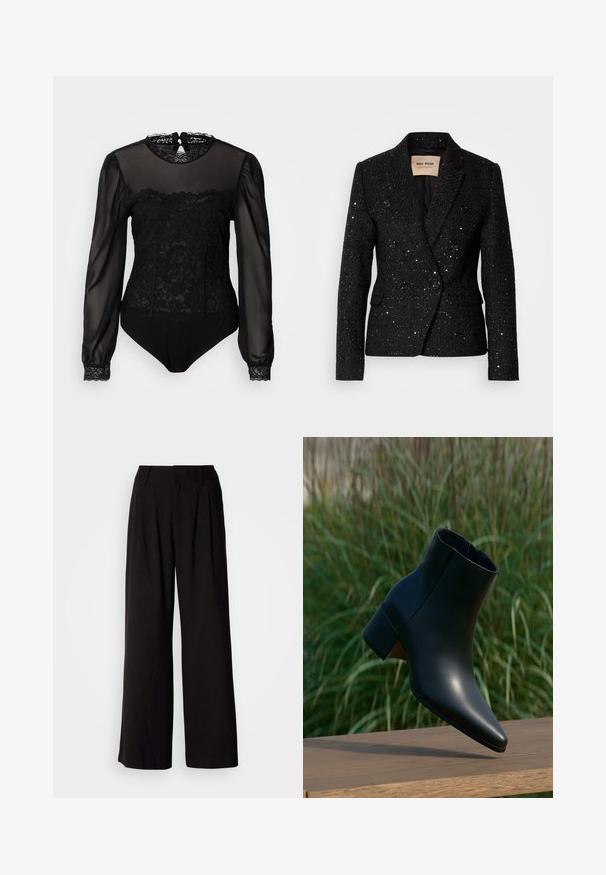 Blazer noir à double boutonnage avec un tissu texturé et des sequins subtils. Dispose de deux poches avant et de boutons noirs. Intérieur doublé.; Bodysuit noir avec des manches longues transparentes. Présente un superposé en dentelle sur le devant supérieur et un col montant avec une fermeture en arrière en forme de trou de serrure.; Pantalon large noir en tissu lisse, avec des plis à l'avant, une taille ajustée, et sans motifs ni accents visibles.; Bottine noire en cuir avec talon bloc, bout pointu, présentée au-dessus d'une surface en bois avec un fond flou d'herbe verte.