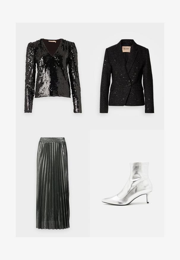 Blazer noir à double boutonnage avec un tissu texturé et des sequins subtils. Dispose de deux poches avant et de boutons noirs. Intérieur doublé.; Haut à manches longues noir en sequins, avec un décolleté en V et des épaules bouffantes, présentant une surface lisse et texturée qui reflète la lumière.; Jupe plissée métallisée vert foncé avec une taille élastique, dotée de plis verticaux et d'une texture lisse, atteignant la longueur mi-mollet.; Bottine métallique argentée avec un bout pointu et un talon fin. Présente un ajustement snug et une texture lisse et brillante. Accent de couture en haut.
