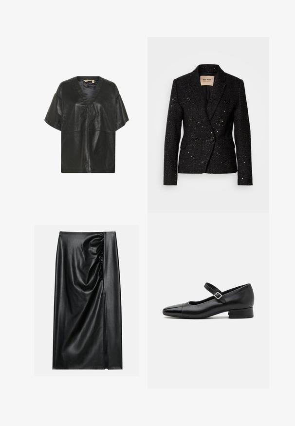 Zwarte dubbelgeknoopte blazer met een textuurstof en subtiele pailletten. Voorzien van twee voorkzakken en zwarte knoopaccenten. Voering aan de binnenkant.; Culture CUATAM CANJA - Blouse - black; Zwarte leren rok met een soepele textuur, voorzien van een geplooid gedeelte aan één kant en een zijspleet voor extra detail.; Zwarte leren Mary Jane schoenen met een gepatenteerde neus, verstelbare enkelband en lage blokhak. Een gladde textuur en een elegante uitstraling.