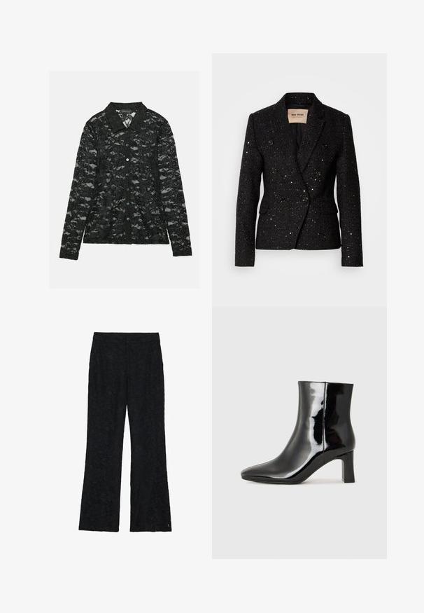 Blazer negro de doble botonadura con tejido texturizado y sutiles lentejuelas. Presenta dos bolsillos frontales y detalles de botones negros. Interior forrado.; Blusa de encaje negro con cuello camisero, mangas largas, cierre de botones con botones verdes y un patrón floral en toda la prenda.; Pantalones de encaje negro con un diseño acampanado, con un patrón floral en toda la tela. Textura suave con una cintura ajustada.; Botín de charol negro con punta afilada y un tacón de bloque de altura media. Textura suave y diseño minimalista.