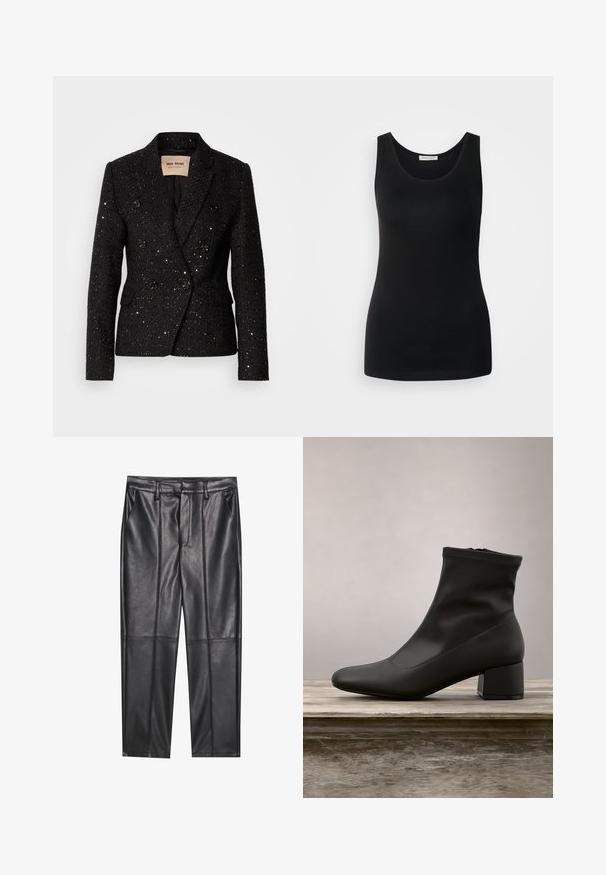Schwarzer, zweireihiger Blazer aus strukturiertem Stoff mit dezenten Pailletten. Verfügt über zwei Fronttaschen und schwarze Knopfakzente. Gefüttertes Innenfutter.; Schwarzes ärmelloses Tanktop, aus glattem Stoff, mit klassischem Rundhalsausschnitt und tailliertem Schnitt. Keine Muster oder Akzente.; Schwarze Lederhosen mit glatter Textur, gerader Passform, zwei Fronttaschen und sichtbaren Nahtdetails.; Schwarzer Knöchelstiefel mit glattem, glänzendem Lederfinish, schrägem Blockabsatz und einem eng anliegenden, elastischen Schaft für eine schlanke Silhouette.