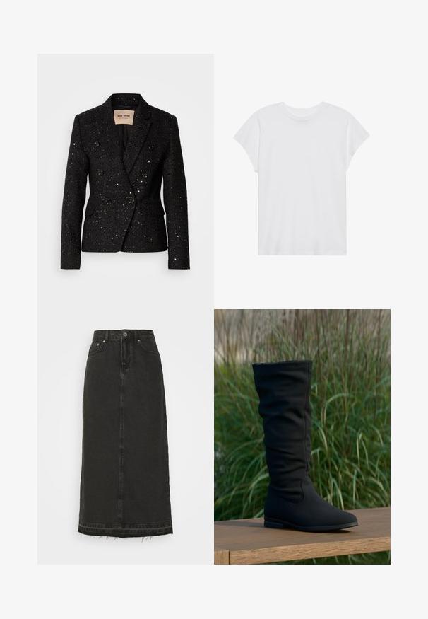 Sort dobbeltbrystet blazer i tekstureret stof med subtile pailletter. Har to forlommer og sorte knapdetaljer. Foret inderside.; Hvid kortærmet t-shirt med rund hals, afslappet pasform, lavet af blødt bomuldsstof. Glat tekstur, ingen mønstre eller logoer.; Sort denim midi-nederdel med en tætsiddende talje, frontknaplukning og frynset kant. Har klassisk fem-lomme-design og let struktur.; Sort knæhøj støvle lavet af blødt stof, med et slapt design, spids tå og flad sål, sat mod en græsplæne baggrund.