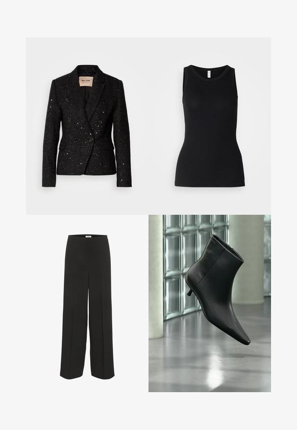Blazer negro de doble botonadura con tejido texturizado y sutiles lentejuelas. Presenta dos bolsillos frontales y detalles de botones negros. Interior forrado.; Top sin mangas negro hecho de tela acanalada, con un escote redondo y un diseño ajustado, con una textura suave y sin patrones.; Pantalones negros de pierna ancha con cintura alta y detalles sutiles de pliegue, diseñados para un ajuste relajado y elegante.; Botín negro de cuero con punta puntiaguda y tacón bajo estilo kitten, mostrado en ángulo sobre un suelo pulido y con una pared de bloques de vidrio de fondo.