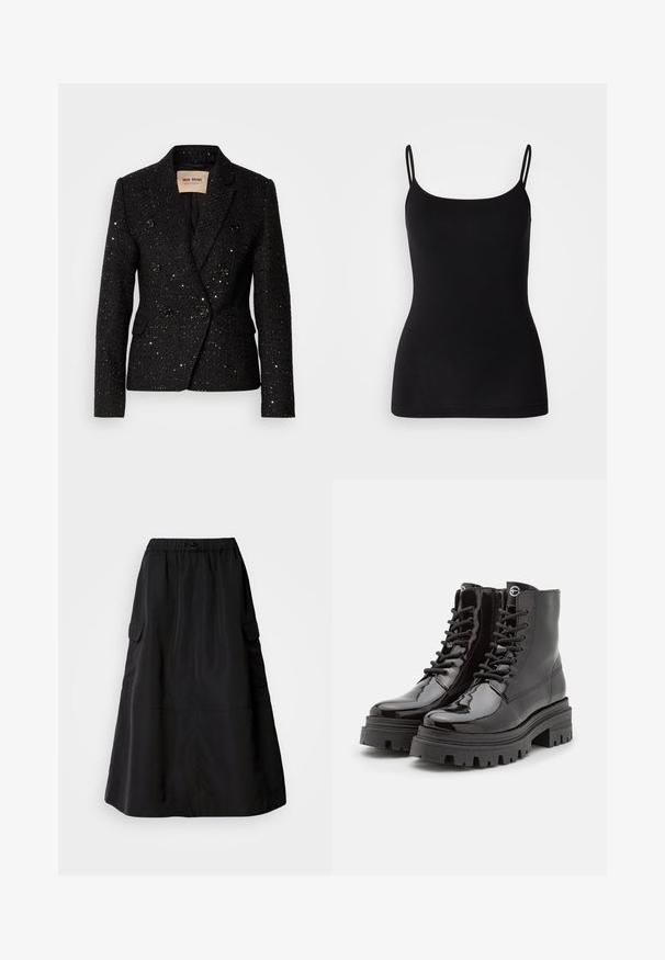 Sort dobbeltbrystet blazer i tekstureret stof med subtile pailletter. Har to forlommer og sorte knapdetaljer. Foret inderside.; Sort camisole-top med tynde justerbare stropper, glat elastisk stof og en tæt silhuet. Ingen mønstre eller pynt.; Sort nederdel med en løs pasform, lavet af glat stof. Har en elastisk talje og to sidelommer. Midtlængde design.; Sorte patenterede læder ankelstøvler med snørelse foran, kraftig sort sål og lynlås i siden. Har en glat, blank tekstur og rund tå.