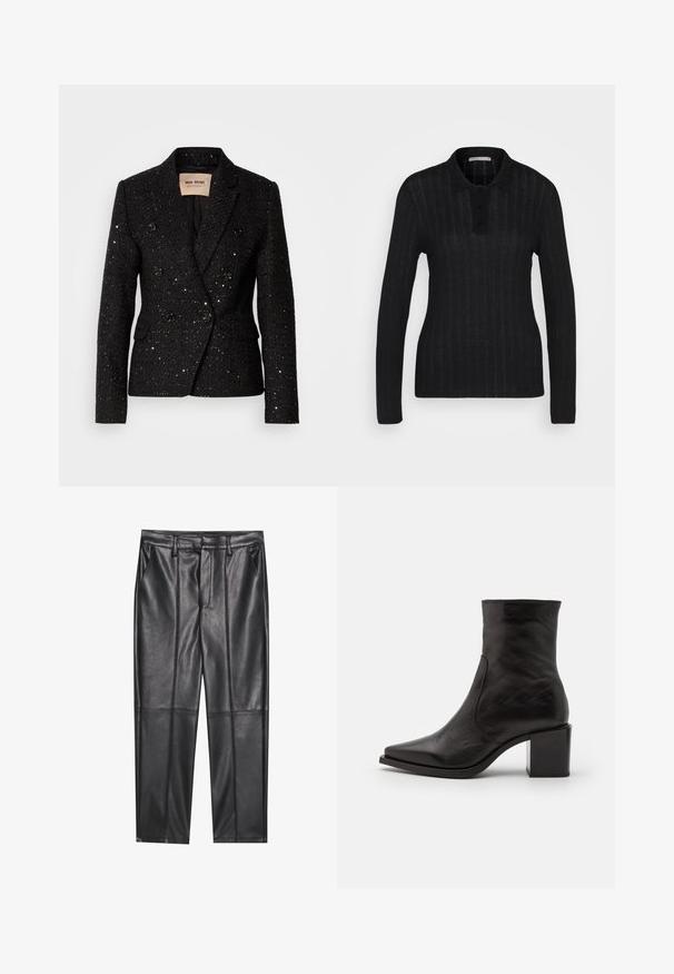 Blazer noir à double boutonnage avec un tissu texturé et des sequins subtils. Dispose de deux poches avant et de boutons noirs. Intérieur doublé.; Anna Field Polo - black; Pantalons en cuir noir avec une texture lisse, présentant une coupe droite, deux poches avant et des coutures visibles.; Bottine noire en cuir avec un bout carré et un talon carré. Le design présente une texture lisse et des détails de couture minimaux.