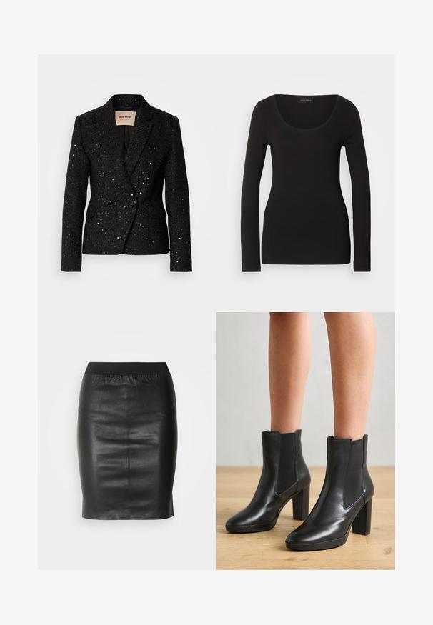Zwarte dubbelgeknoopte blazer met een textuurstof en subtiele pailletten. Voorzien van twee voorkzakken en zwarte knoopaccenten. Voering aan de binnenkant.; Zwarte langetermijn top met een scoop halslijn, gemaakt van zachte, rekbare stof. Heeft een getailleerde pasvorm en een gladde textuur. Merklabel zichtbaar.; Zwarte kokerrok van soepel leer, met een elastische tailleband voor een aansluitende pasvorm en een minimalistisch ontwerp.; Zwarte leren enkelboots met een blokhak, voorzien van elastische zijkanten, een gladde textuur en een slanke silhouet.