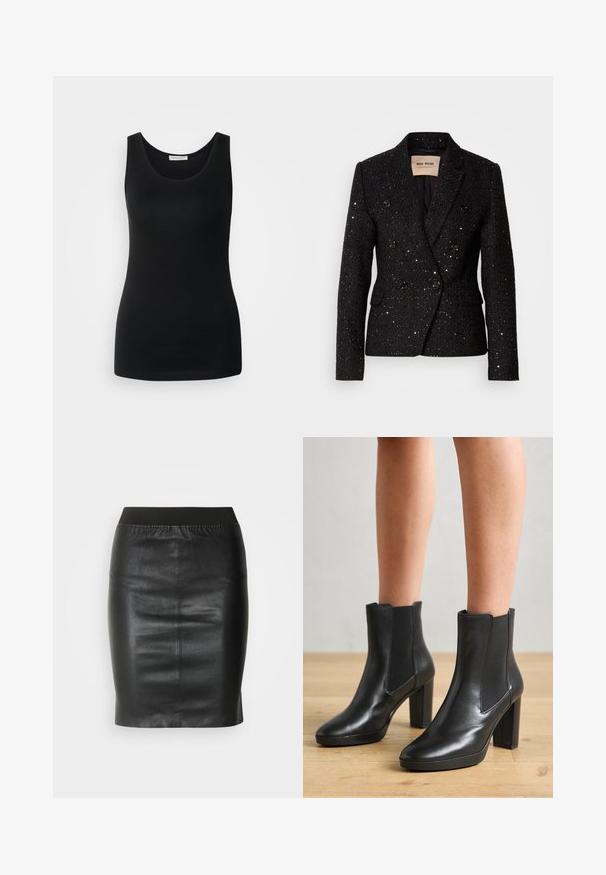 Blazer noir à double boutonnage avec un tissu texturé et des sequins subtils. Dispose de deux poches avant et de boutons noirs. Intérieur doublé.; Débardeur noir sans manches, en tissu lisse, avec un col rond classique et une coupe ajustée. Pas de motifs ni d'accents.; Jupe crayon noire en cuir lisse, dotée d'une taille élastique pour une silhouette ajustée et un design minimaliste.; Bottes noires en cuir jusqu'aux chevilles avec un talon carré, dotées de panneaux latéraux élastiques, d'une texture lisse et d'une silhouette épurée.