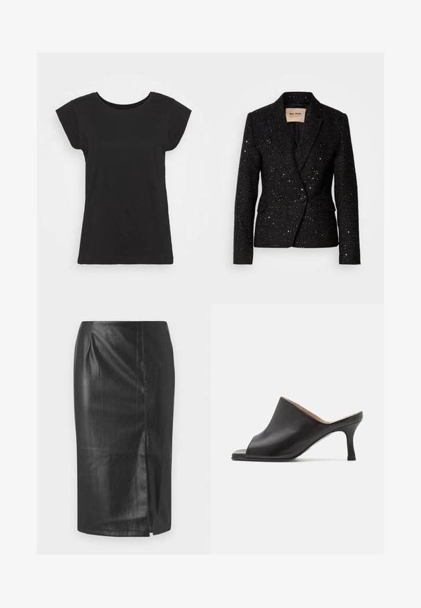 Blazer negro de doble botonadura con tejido texturizado y sutiles lentejuelas. Presenta dos bolsillos frontales y detalles de botones negros. Interior forrado.; Camiseta de algodón negra con manga corta tipo cap sleeve, escote redondo y un corte relajado. Textura suave sin patrones ni adornos visibles.; Falda lápiz de cuero negro con un diseño elegante, que cuenta con una abertura lateral y una textura suave, adecuada para uso formal o casual.; Selected ASHLEY - Mules de tacón - black