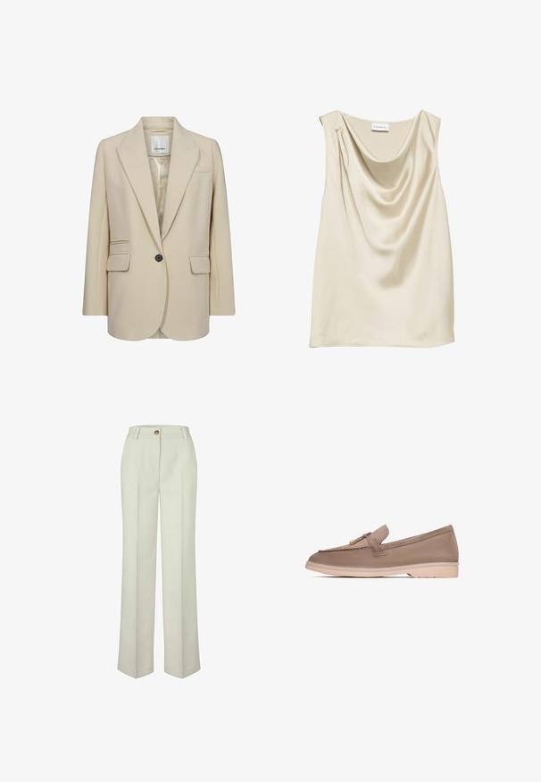 Blazer beige ajusté en tissu lisse. Il présente des revers crantés, un bouton noir unique, deux poches latérales et une poche sur la poitrine.; Haut sans manches en satin crème avec un décolleté drapé en col bénitier et un petit détail de pli sur une épaule.; Pantalon droit couleur écru avec passants pour ceinture et une fermeture à bouton unique à la taille.; Mocassins en cuir brun avec une texture lisse, dotés d'une bande décorative et d'un matériel en or, reposant sur une semelle en caoutchouc beige clair.