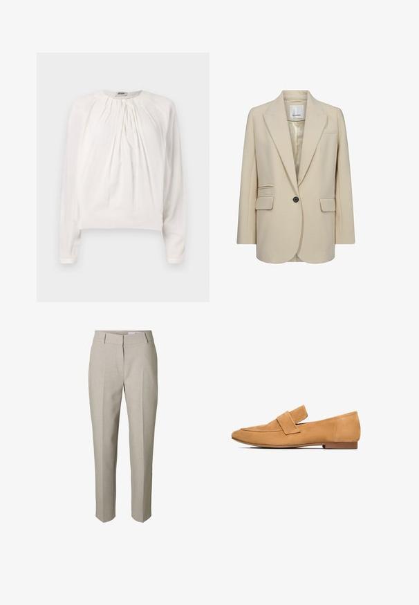 Beige op maat gemaakte blazer van zacht materiaal. Bevat gesneden revers, één zwarte knoop, twee zijzakken en een borstzak.; Witte blouse met lange mouwen, ronde hals en geplooide voorkant. Zacht, glad materiaal met een comfortabele pasvorm en knoopdetails bij de kraag.; Beige op maat gemaakte broek met riemlussen, een voorrits en geperste plooien over de benen, getoond tegen een witte achtergrond.; Tan suède instappers met een platte hak, ronde neus en een gestikte band over de wreef voor een verfijnde afwerking.