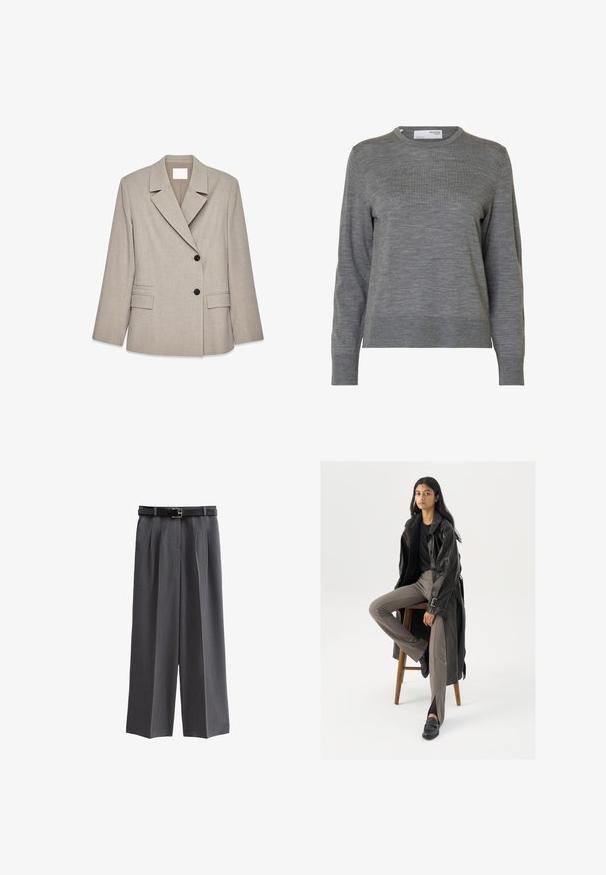 Lys beige skræddersyet blazer med brede revers, to sorte knapper og klaplommer foran, præsenteret på hvid baggrund.; Langærmet, lysegrå striktrøje med rund hals og ribstrikkede manchetter og kant, vist mod hvid baggrund.; Grå brede bukser lavet af struktureret stof, med et sort bælte med en kvadratisk spænde og frontfolder. Lomme med enkel design er inkluderet.; Sort læder trench coat med knapper og bælte detalje, parret med lysebrune tætsiddende bukser og sorte loafers, siddende på en træstol.