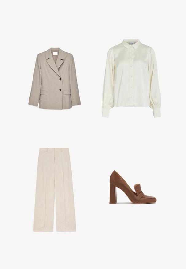 Lys beige skræddersyet blazer med brede revers, to sorte knapper og klaplommer foran, præsenteret på hvid baggrund.; Cremefarvet langærmet bluse med knaplukning foran, spidse kraver, puffede skuldre og tætsiddende manchetter.; Beige bukser med vide ben, frontfolder, bæltestropper og et rent, skræddersyet design.; Brun læder højhælet sko med firkantet tå og en bred rem på tværs foran. Hælen er blokformet og solid.