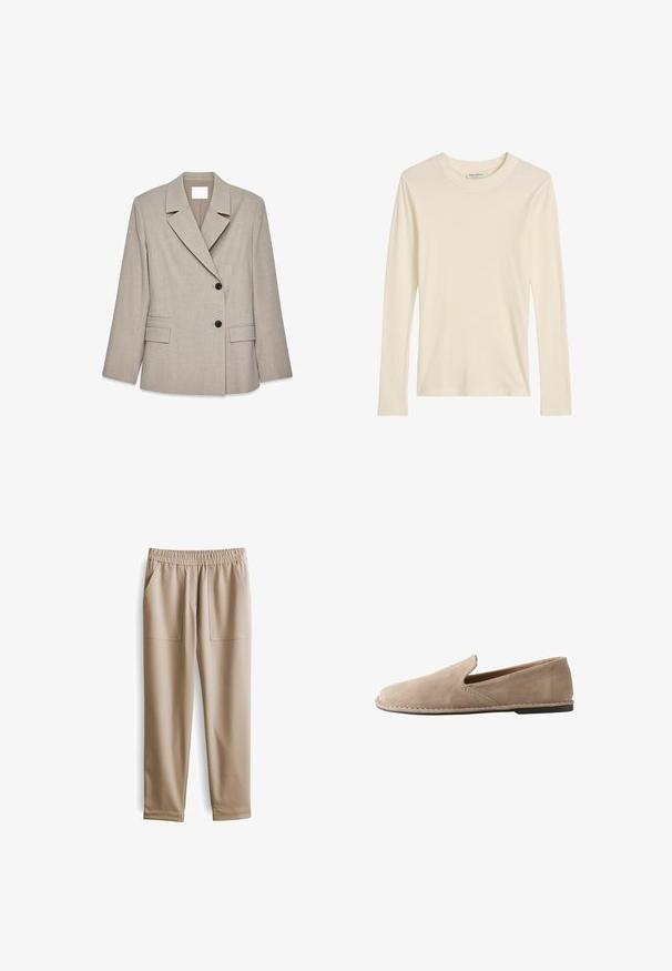 Lichtbeige getailleerde blazer met brede revers, twee zwarte knopen en klepzakken aan de voorkant, gepresenteerd op een witte achtergrond.; Crèmekleurige geribbelde trui met lange mouwen en een ronde halslijn, getoond tegen een witte achtergrond.; Beige elastische broeken met een tailleband, twee voorzakken, taps toelopende pijpen en een gladde textuur, geschikt voor casual kleding.; Beige suède instapschoen met afgeronde neus, lage platte hak, doorgenaaide zool en elastische zij inzet voor gemakkelijk aan- en uittrekken.