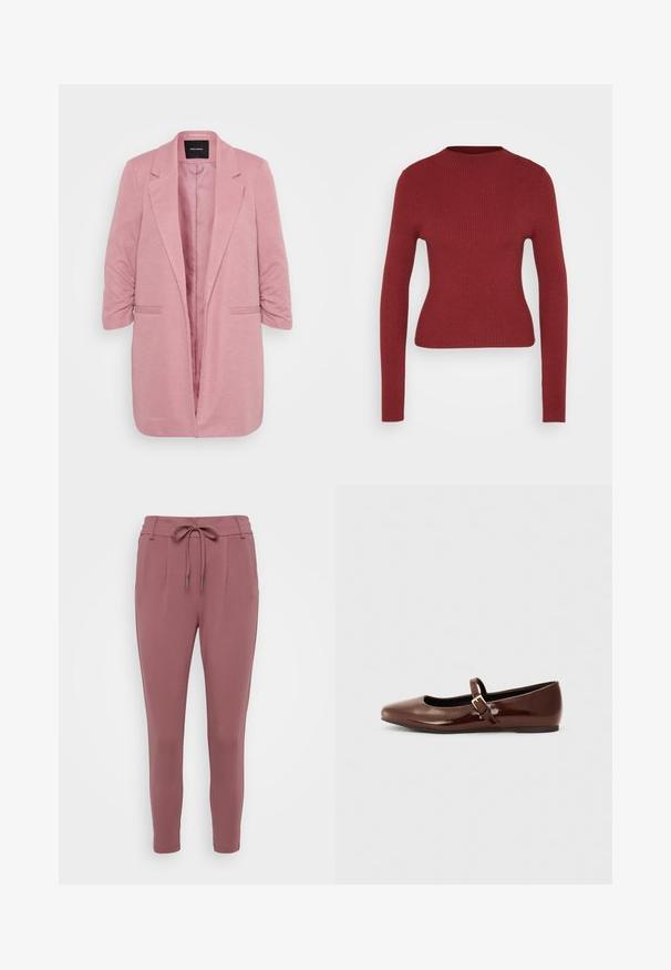 Helles rosa Blazer mit strukturiertem Design, strukturiertem Stoff, Reverskragen und Dreiviertelärmeln. Verfügt über zwei Vordertaschen und einen offenen Vorderteil.; Enganliegendes, geripptes, langärmliges Sweater in Dunkelrot mit Rundhalsausschnitt, auf einem neutralen, hellen Hintergrund präsentiert.; Rosenfarbene Hosen mit einem Zugbandbund, schmal zulaufenden Beinen und vorderen Falten. Hergestellt aus einem weichen, dehnbaren Material.; Braune Lackleder-Ballerinas mit quadratischer Zehenform und Riemen mit einer kleinen goldenen Schnalle. Glatte Textur, niedriger Absatz und minimalistisches Design.