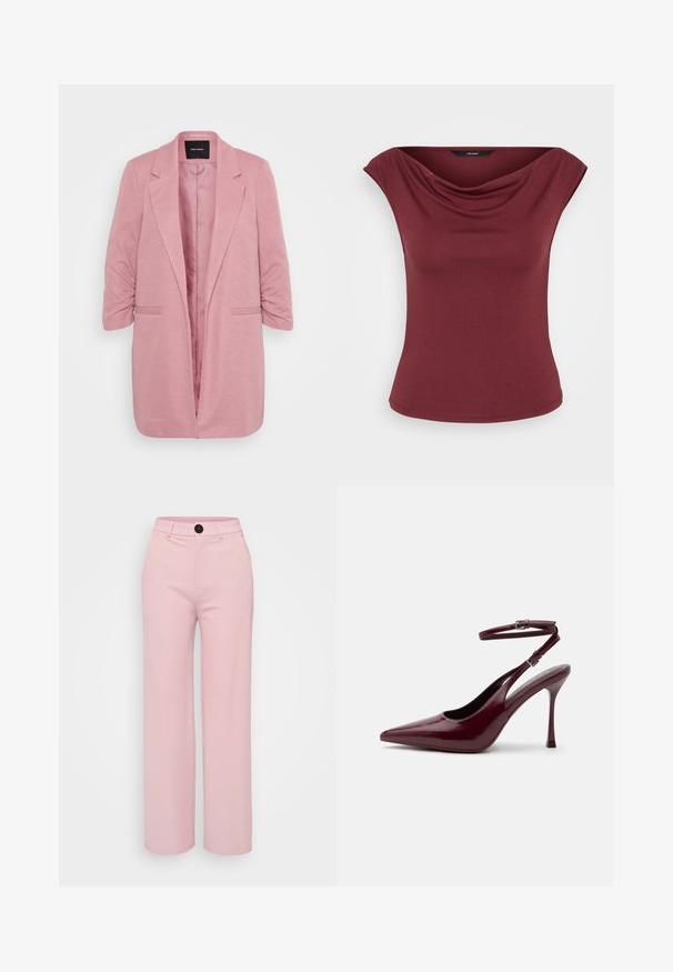 Helles rosa Blazer mit strukturiertem Design, strukturiertem Stoff, Reverskragen und Dreiviertelärmeln. Verfügt über zwei Vordertaschen und einen offenen Vorderteil.; Ärmelloses burgunderfarbenes Oberteil mit einem drapierten Ausschnitt und taillierter Passform, abgebildet vor einem schlichten weißen Hintergrund.; Helle rosa weite Hose mit glatter Textur, ausgestattet mit einem schwarzen Knopf und einem klassischen Taillendesign. Keine zusätzlichen Taschen sichtbar.; Glänzender burgunderfarbener High Heel mit spitzer Schuhspitze, Knöchelriemen und Schnalle, schmaler Stilettoabsatz, Seitenansicht auf einfachem Hintergrund.