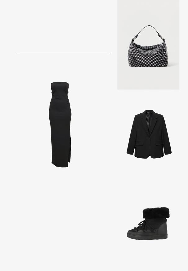 Sort blazer med et elegant design, enkelt knaplukning, indsnit på mere, to frontlommer og en glat indvendig foring. Skræddersyet pasform.; Sort stropløs maxi-kjole, tætsiddende silhuet, glat stof, lårhøjt sideliv, gulvlængde design, ingen synlige mønstre eller accenter.; Sorte ankelstøvler med kunstpels, der har struktureret materiale, rund tå og flad gummisål. Inkluderer snørebånd til lukning.; Sort og sølv håndtaske med en vævet, struktureret overflade med firkantede mønstre, en enkel top håndtag og et slasket design.