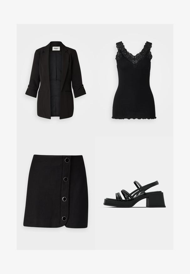 Blazer noir avec un col cranté, des manches trois-quarts et des poignets retroussés. Comprend deux poches avant et une doublure intérieure lisse.; Débardeur noir côtelé avec des accents en dentelle le long d'un décolleté en V et un ourlet festonné. La texture est douce, mettant en valeur sa coupe ajustée.; Mini-jupe noire avec un design drapé, dotée de cinq boutons ronds en argent le long de l'avant et d'une texture lisse et mate.; Sandales noires à talons avec plusieurs fines lanières et un large talon carré. Design élégant avec une texture mate. La semelle intérieure a une légère courbure.