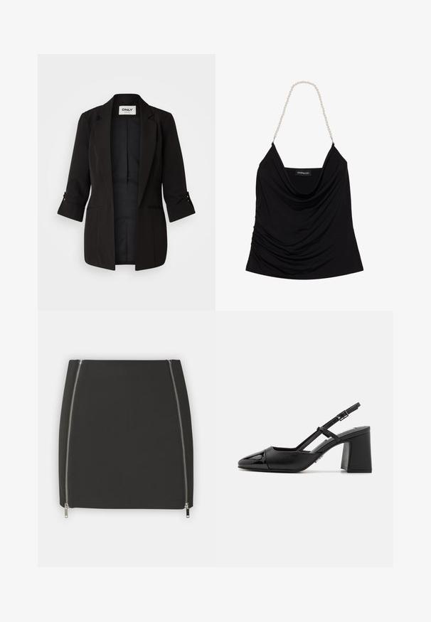 Zwarte blazer met een notch kraag, driekwartmouwen en opgerolde manchetten. Heeft twee voorkanten zakken en een gladde binnenvoering.; Zwarte tanktop met een drapeerhals en gemêleerd stof. Voorzien van parelketting schouderbanden en een logo-label aan de binnenkant.; Zwarte rok met twee zijritsen. Gemaakt van een gladde stof met een aansluitend design en rechte zoom. Minimalistische en functionele stijl.; Zwarte gepatineerde leren slingback hak met een spitse neus, blokhak en verstelbare band. Glad textuur en minimalistisch design.