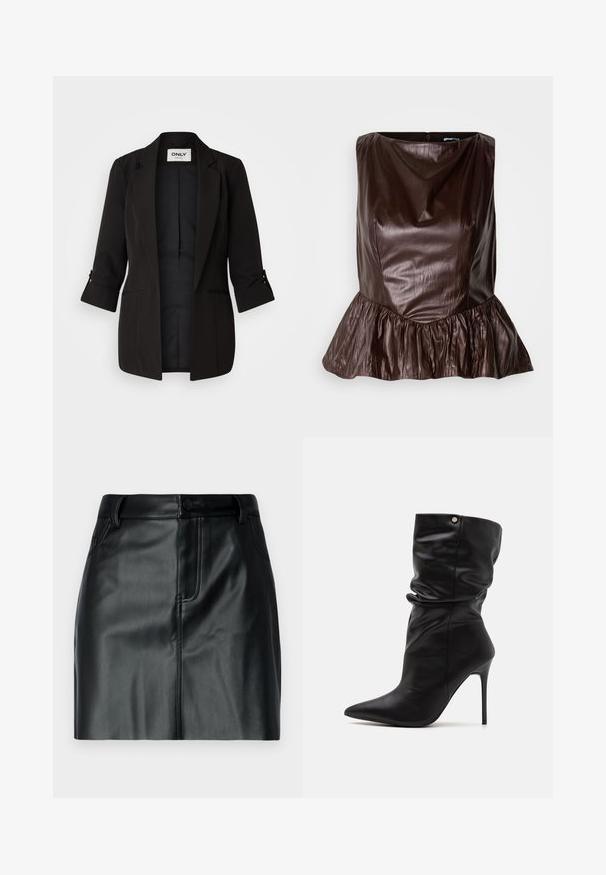 Zwarte blazer met een notch kraag, driekwartmouwen en opgerolde manchetten. Heeft twee voorkanten zakken en een gladde binnenvoering.; Bruin leren peplum top met een ronde halslijn, textuur en een flared ruche aan de onderkant. Strak, minimalistisch ontwerp.; Zwarte leren minirok met een gladde textuur, een tailleband met knoopsluiting en voorzakken met gestikte details.; Even&Odd Wide Fit by Zalando Enkellaarsjes met hoge hak - black